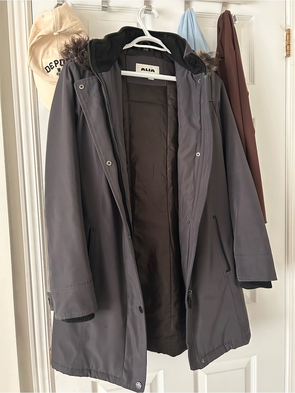 Alia Women's Gray Hooded Trench Coat with Faux-Fur Trim